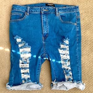 American Bazi ripped jean shorts (front & back), size: large, color: blue